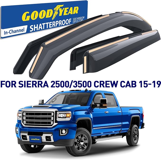 Goodyear Shatterproof in-Channel Window Deflectors for Chevy Silverado 2500HD/3500HD 2015-2019 Crew Cab, Rain Guards, Window Visors for Cars, Vent Deflector, Car Accessories, 4 pcs-GY003402LPv2