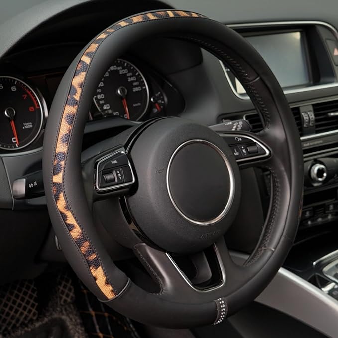 Steering Wheel Cover, Made with Breathable Microfiber Leather and Leopard Fabric, Universal 14.5-15 inchs for Most Automotive Steering Wheel,Cheetah Print, Black