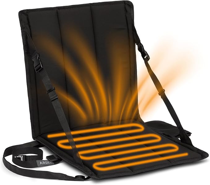 Heated Stadium Seat, Foldable, Lightweight with Carrying Strap, Foam Cushion for Comfort, Adjustable, Back Support, Multi-Functional Use As Stadium Seat or Seat Pad, Black Dyed Solid