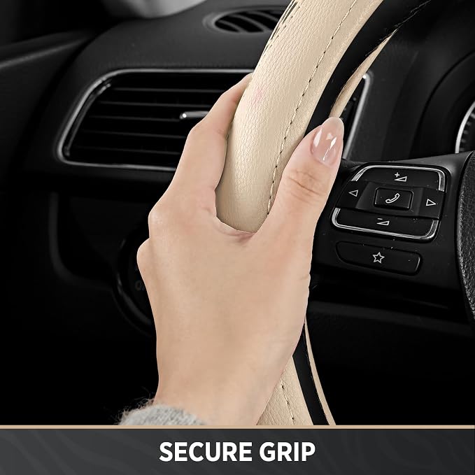 Steering Wheel Cover - Flat Bottom Wheel Cover Made with PVC Leather and Leopard Fabric - Universal Fit for 15-Inch D-Shaped Automotive Steering Wheels (Milky White)