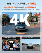 New N4 Pro S 4K 3 Channel Dash Cam, Triple STARVIS 2 Dash Camera for Cars, 4K+1080P+2.5K Front and Rear Inside, HDR IR Night Vision, 24/7 Buffered Parking Mode, GPS, Wi-Fi, Support 1TB (RC18)