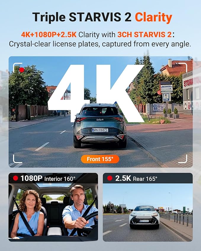 New N4 Pro S 4K 3 Channel Dash Cam, Triple STARVIS 2 Dash Camera for Cars, 4K+1080P+2.5K Front and Rear Inside, HDR IR Night Vision, 24/7 Buffered Parking Mode, GPS, Wi-Fi, Support 1TB (RC18)