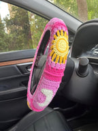 Handmade Crochet Sun and Moon Car Steering Wheel Covers Universal 14-15 inch for Women and Men (A,Steering Wheel Cover+2 Belt Cover)