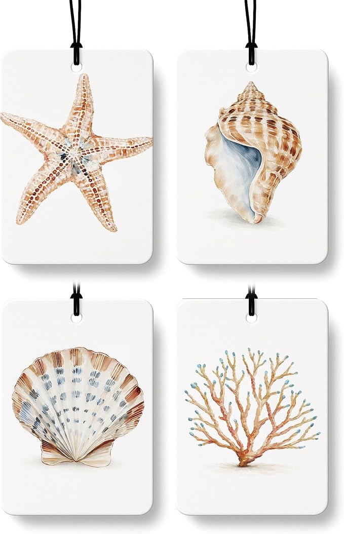 Coastal Beach Car Air Freshener 4 Pcs Coconut Scented, Ocean Starfish Conch Seashell Coral Car Accessories Mirror Decor for Women, Beach Hanging Air Freshener for Cars Closet Drawer Books