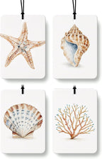 Coastal Beach Car Air Freshener 4 Pcs Coconut Scented, Ocean Starfish Conch Seashell Coral Car Accessories Mirror Decor for Women, Beach Hanging Air Freshener for Cars Closet Drawer Books