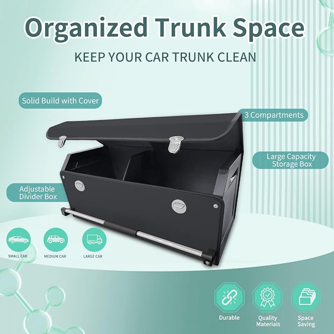 Car Organizer Trunk, Durable Collapsible Leather Trunk Organizer with Lid and Sturdy Handle, Auto Cargo Storage Compartments, SUV/Car Accessories for Men/Women (11.4 x 27 x 12.2, Black)