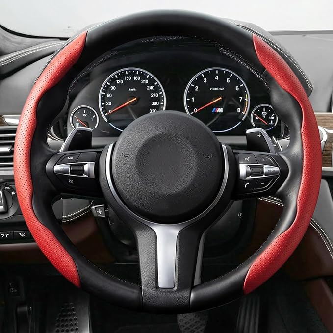 2PCS/Set Car Steering Wheel Cover, Leather Segmented Anti-Slip Automotive Wheel Protector, Soft Breathable Vehicle Steering Protection Covers, Universal Interior Accessories (Red)