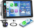 Android 15/4+64G Car Radio Double Din Car Radio with Wireless Carplay&Android Auto,7 inch 1280*720P IPS TouchScreen Car Audio Receivers with WiFi GPS EQ BT5.0 FM/RDS Radio Mirror Link AHD Rear Camera
