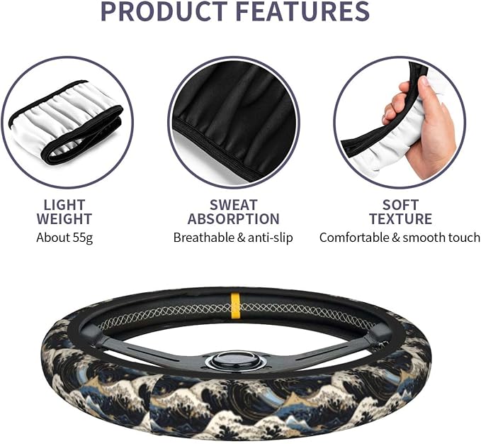 Japanese Wave Black Steering Wheel Cover Car Accessories Cute for Women Girls Girly Universal 15 Inch Neoprene Auto Interior Decor Anti Slip Car Truck Protector