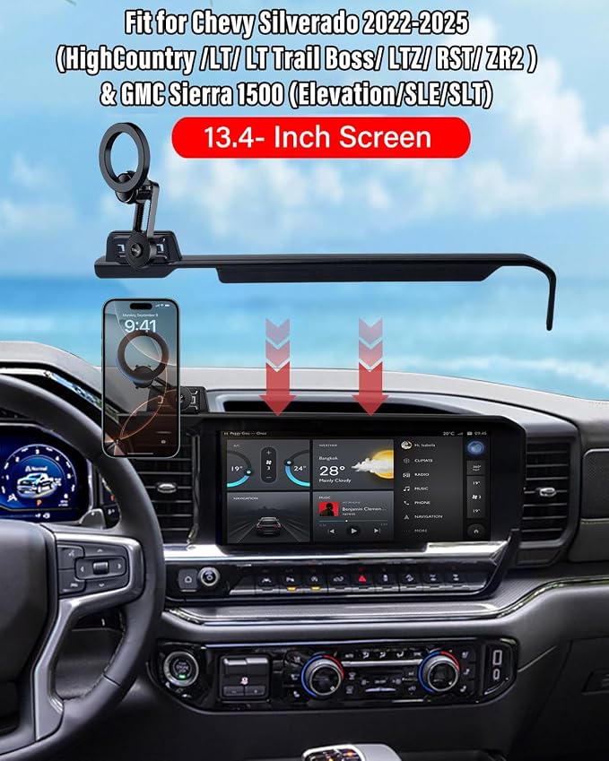 PZK Car Phone Holder for 2022-2026 Chevy Silverado/GMC Sierra 13.4'' Screen | Compatible with MagSafe Chevy Magnetic Car Phone Mount with 360° Rotating Extension Rod Hands-Free Phone Cradles Stand