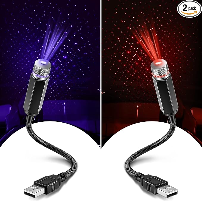 2 Pack USB Star Projector Night Light Adjustable Romantic Projector Car Interior Roof Lights Portable LED Night Star Lamp Atmosphere Decorations for Ceiling, Bedroom, Party