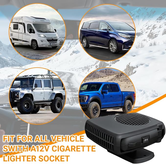 Car Heater, 12V 200W Fast Heating & Cooler Fan Portable Windshield Defogger & Defroster Plug into Cigarette Lighter, 360° Auto Heater for Car, SUV, Trucks