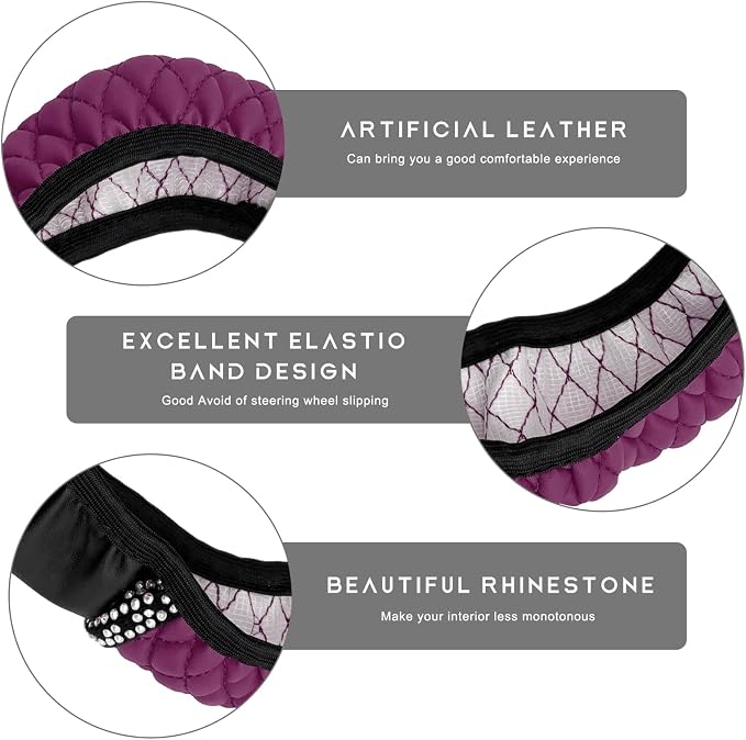 Bling Car Steering Wheel Cover, 15 Inch Sparkly Rhinestone Soft Leather Steering Wheel Protector, Non-Slip Universal Auto Elastic Steering Wheel Covers for Women Girls (Purple)