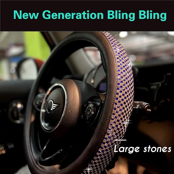 Bling Bling Comfy Steering Wheel Cover with Jumbo Crystal Rhinestones, Anti-Slip Diamond Leather, Universal 15 Inch (Blue)