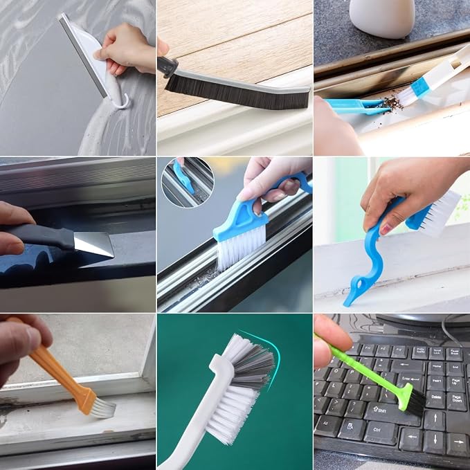 Small Window Track Cleaning Kit, 20Pcs Multi-Purpose Household Cleaning Tools with Squeegee, Detail Brush & Reusable Microfiber Pads for Sliding Door, Glass, Bathroom Mirror, Auto Windshield