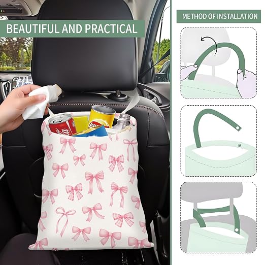 Cute Car Trash Can, Hanging Canvas Car Back Seat Organizer and Storage Bag, Funny Car Trash Bag for Travelling, Outdoor Cute Pink Bow