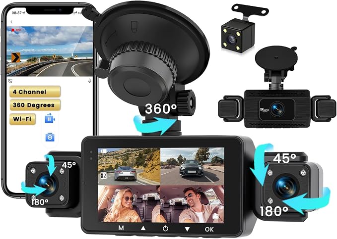 4 Channel Dash Cam, 360 Dash Camera FHD 1080Px4 Front and Rear Inside Left Right, Car Camera with 5G WiFi/APP Loop Recording G-Sensor Night Vision Motion Detection Backup Assist