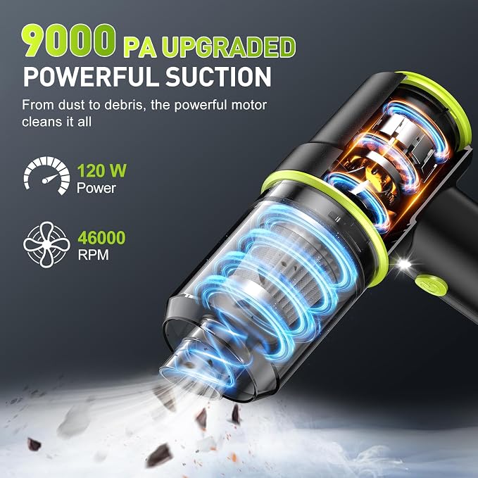 Handheld Car Vacuum Cleaner, 9000PA Vacuum Cleaner & Air Duster, 120W High Power Vacuum Portable Cordless, Hand Held Vacuum Rechargeable with Multi-Nozzles & LED Light for Home, Car, Office