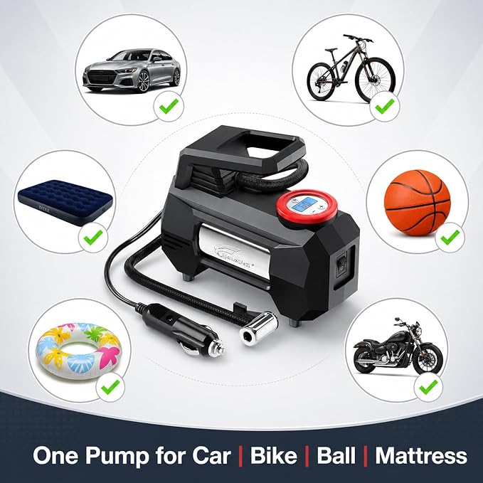 HAUSBELL Tire Inflator 150PSI Portable Air Compressor | 12V DC, 35L/Min fast inflation for SUV, Sedan & more. Digital gauge with auto shut-off. LED light for roadside & night use.