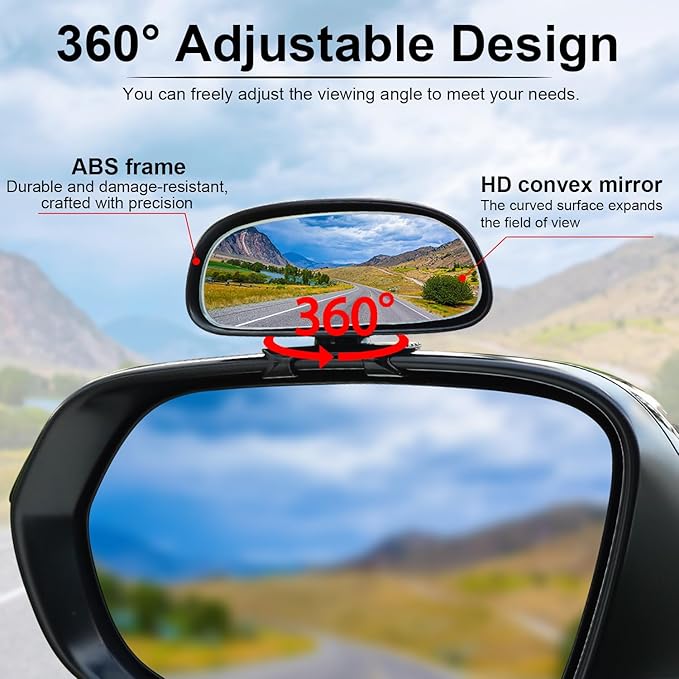 Blind Spot Mirror, HD Glass Frameless Convex Rear View Mirrors Exterior Accessories with Wide Angle Adjustable Stick for Car SUV and Trucks, Black