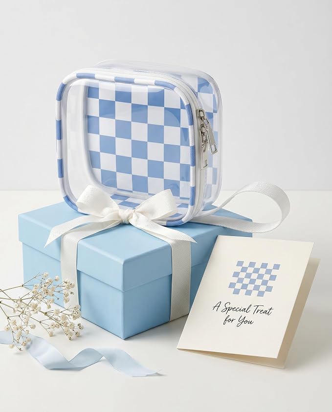 Preppy Clear Makeup Bag Travel Cosmetic Case Transparent Blue and Beige Checkered Mini Toiletry Bag,Portable Make Up Organizer Traveling Compact Car Accessories And Organization