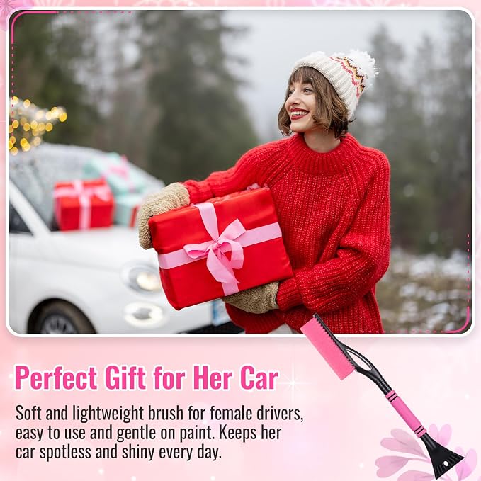 24'' Snow Brush and Ice Scraper for Car Windshield, 2 in 1 Detachable Snow Scraper with Soft Grip Handle and Additional Handhold, Multi-Functional Removal Tool for Car, Truck, SUV(Pink)
