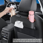 Car Back Seat Organizer with 2 Drink Cup Holder - Tissue Box and Storage Box Hook - Multi-functional Storage - Great for Kids and Travel (Black)