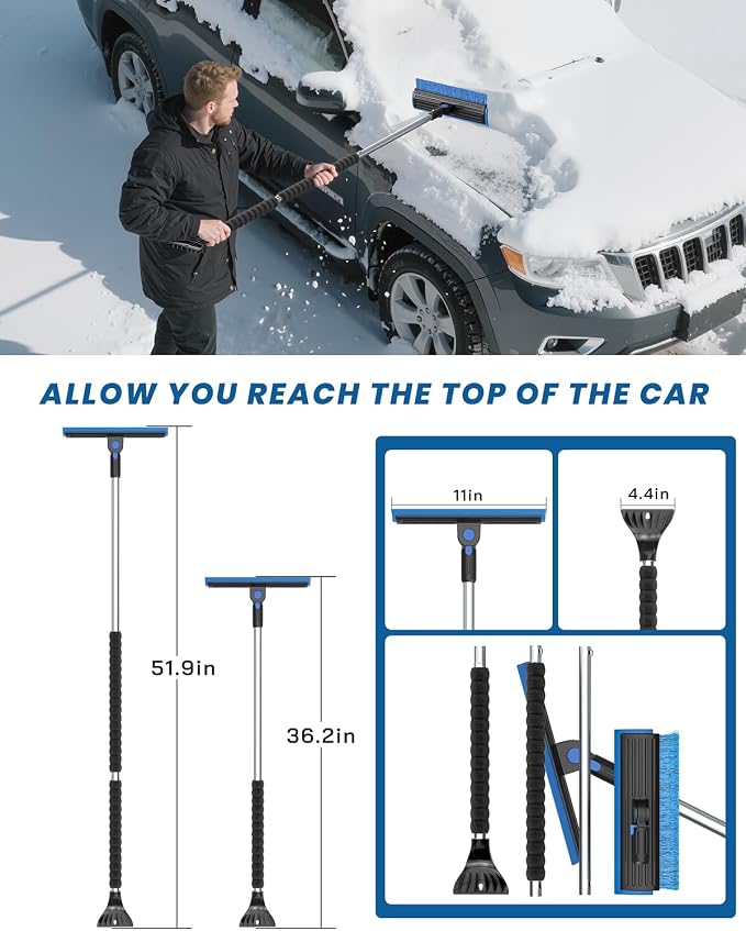 2025 Extra Long 55.7" Ice Scrapers for Car Windshield Multi-Functional Detachable Car Ice Scraper with Foam Grip and 270° Pivoting Brush Head Snow Brush for SUV Truck Auto (Blue)