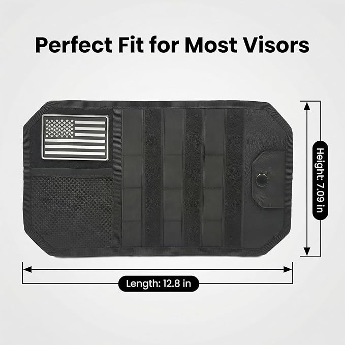 Visor Organizer, Car Sun Visor Organizer for Trucks & Auto, Tactical Molle Visor Panel with Large Capacity Storage, Keep Car Accessories Neat, Fits SUV Sedan Off-road Vehicles, Black,12.8x7x1.2 Inch