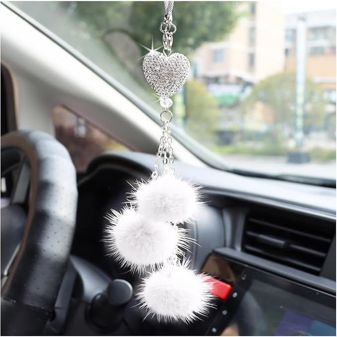Bling Diamond Heart Car Interior Accessories, Heart & Pink Plush Ball Decor Ornament Pendant, Hanging Decoration Charm (White)