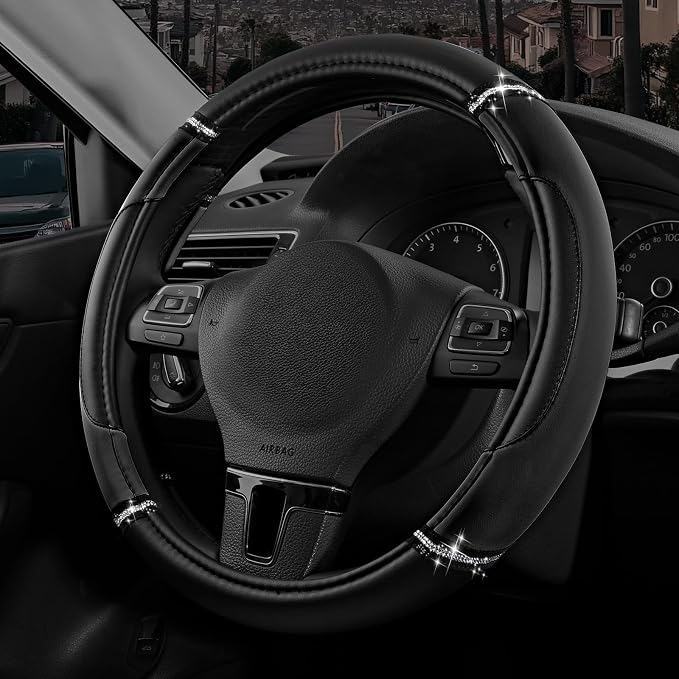 Leather Steering Wheel Cover - Made with PVC Leather - Anti-Slip, Universal Fit 14 1/2 inches to 15 inches - Black