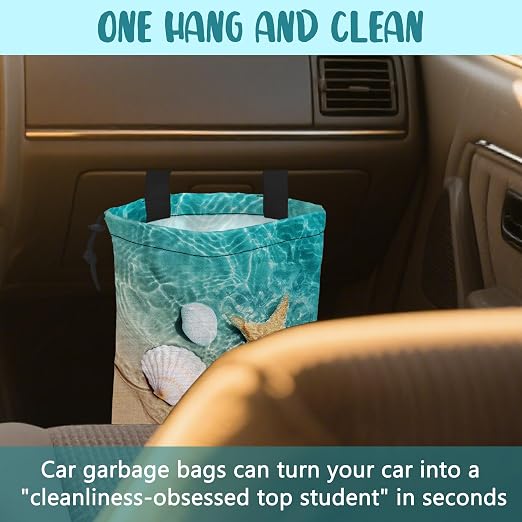 Car Garbage Bag Summer Starfish Seashell on Beach Hanging Canvas Car Trash Bag Waterproof Drawstring Car Back Seat Organizer for Car Back Front Seat Console with Adjustable Buckle
