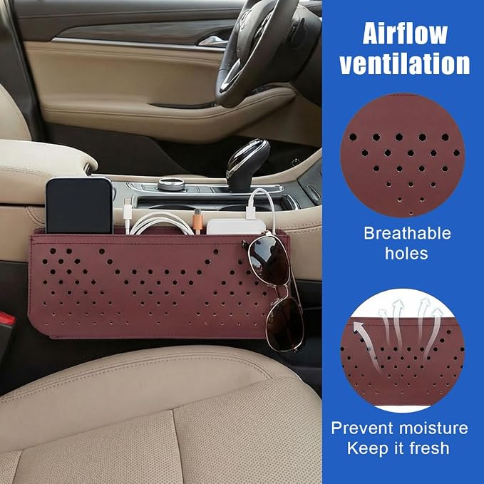 Car Seat Side Pocket Organizer, PU Leather Water-Resistant Car Console Storage Bag, Multifunctional Auto Interior Door Tray Pouch Organizer Accessories for Phone Keys Sunglasses (Burgundy)