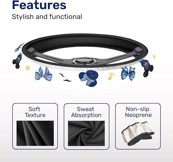 Blue Bow Mouse Silhouette Steering Wheel Cover, Non-Slip Polyester Wheel Grip, Universal 15 Inch Car Accessory