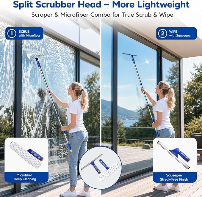 Window Squeegee Cleaning Kit with 60" Extension Pole, Rotatable Glass Cleaner Tool 12" Rubber Blade & 2 Microfiber Pads, Window Washing Equipment for High Windows, Shower Doors, Car Windshield