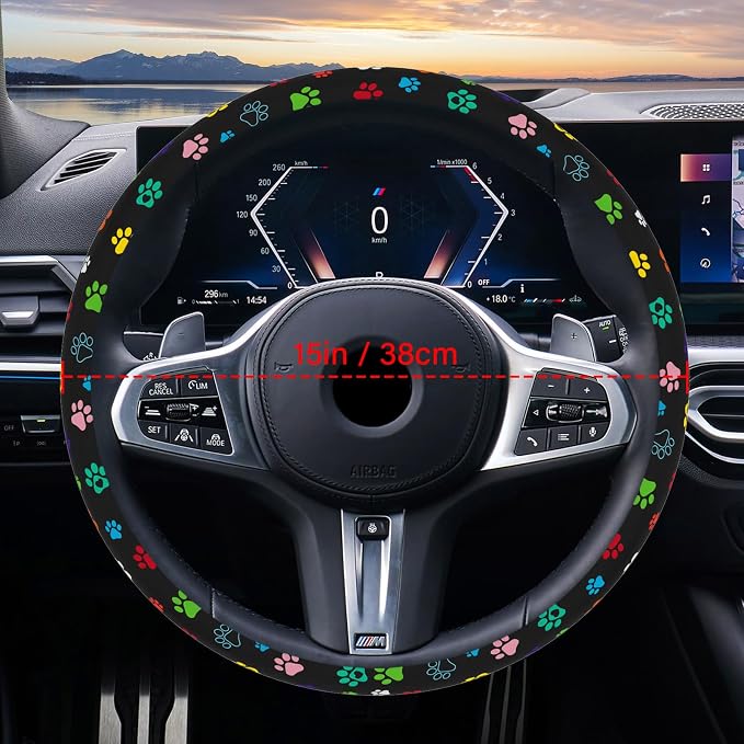 Steering Wheel Cover Neoprene Material Most Cars Men&Women Universal 15 inch Premium Non-Slip Spring Steering Wheel Protector Floral Car Accessories (Black Foot)