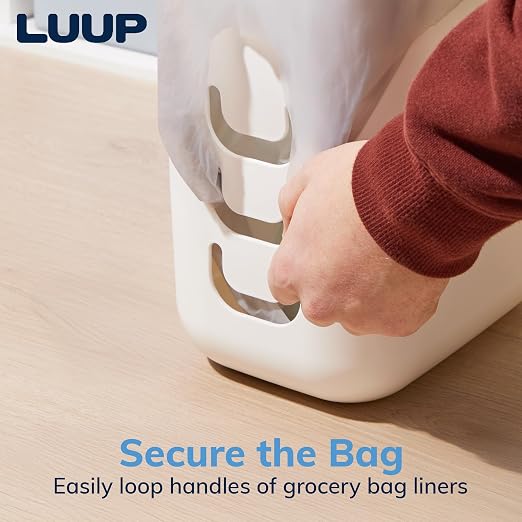 Luup Trash Can (White) - Reuse Grocery Bags - Plastic Garbage Container for Bathroom, Vanity, Laundry Room, Kitchen, Office, Garage - 2.5 Gallon Wastebasket with Hooks to Secure Trash Bags