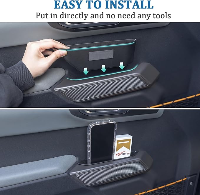 2PCS Front Door Storage Box Compatible with Ford Bronco 2021-2026 Accessories, Phone Holder Door Grab Handle Pocket Storage Organizer ABS Plastic (Not for Sport)