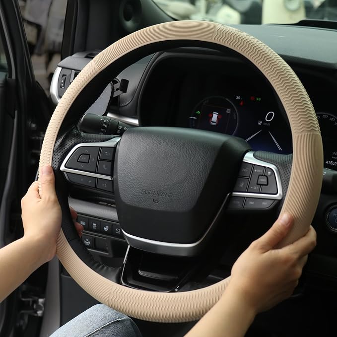 Car Steering Wheel Cover for Women, Soft Silicone Wavy Stripe Texture Auto Interior Accessories, Universal Fit 14 15 16 Inch Round & D-Shape Wheels, Cream Beige