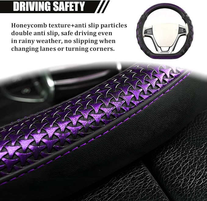 D-Shaped Car Steering Wheel Cover, 14.5-15" Anti-Slip Steering Wheel Protector with 3D Honeycomb Massage Grip, Comfortable Sporty Auto Interior Decor Accessories, Universal Fit (Black/Purple)