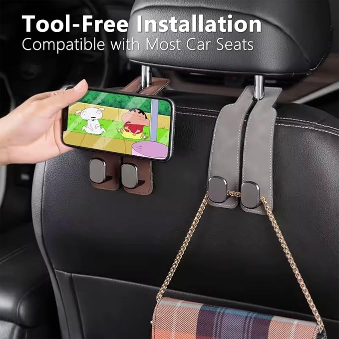 2PCS Leather Car Seat Headrest Hooks – Durable Double Hook Organizer for Bags, Purses, Handbags, Groceries & Back Seat Storage