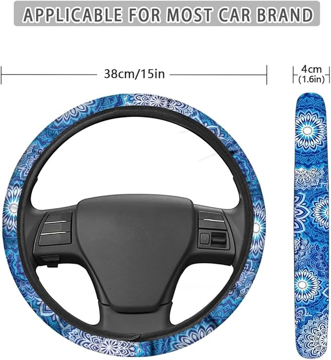 Elastic Steering Wheel Cover Non-Slip Protection for Women Men | Comfort Anti-slip Safety Stretch-on 14-15 inch, Blue Boho Flower Easy Fix Machine Washable Steering Wheel Protection