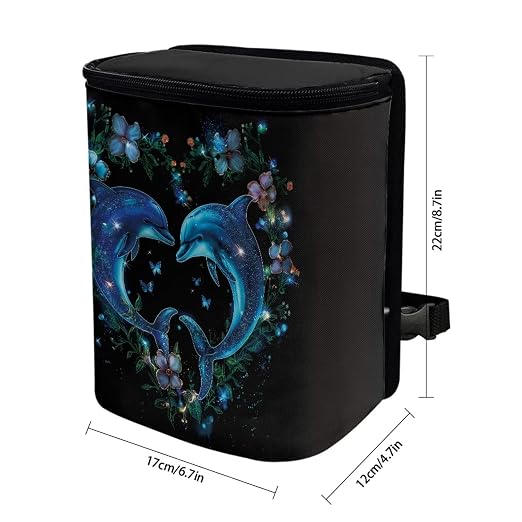 Dolphin Flower Heart Print Car Trash Can with Lid, Leak Proof Auto Trash Bag Hanging Vehicle Garbage Can Multipurpose Storage Container for Back Seat Road Trip
