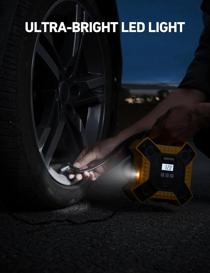 Tire Inflator PortableAir Compressor 160PSI, 12V DC (NO AC) 10Ft Cord with Integrated Metal Structure, LED Light Air Pump for Car Tires, Bicycles, Motorcycles and Other Inflatables(Yellow)