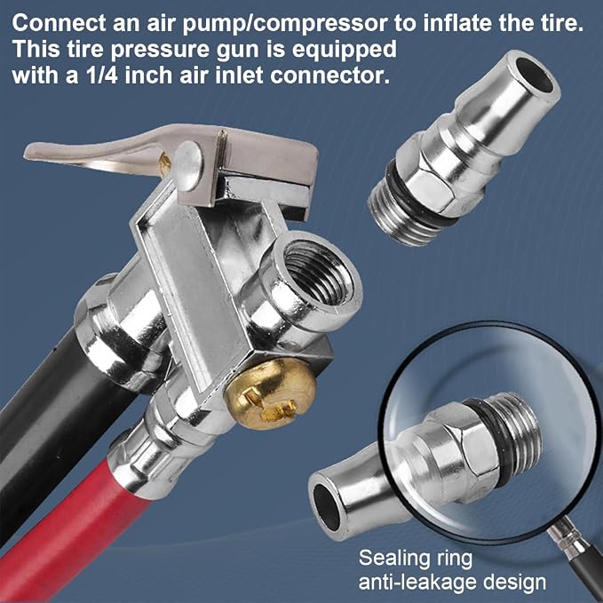 Heavy Duty Bayonet Style Tire Inflator with Air Chuck, 0-200PSI 17PCS Auto Tire Pressure Gauge with 4 Way Tool & Valve Core, Air Compressor Accessories, Universal for Sedan Truck SUV (Red)