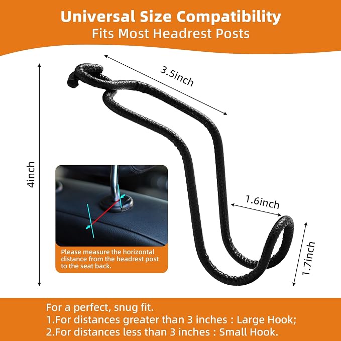 Car Headrest Hooks for Purse Bag, 2 Pack Car Seat Hooks - Black Leather/2L | Heavy-Duty Holds Up to 60lbs Metal Car Purse Holder for Grocery Handbag, Car Interior Accessories for Men Women