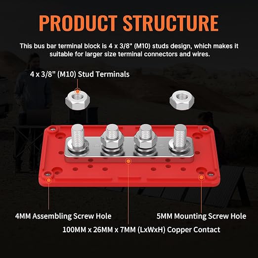 300A Bus Bar 12V DC Waterproof Power Distribution Block with 4 x 3/8" Studs, Heavy Duty Marine Battery Bus Bar Terminal Block 12 Volt for Automotive, Car, Solar Wiring - Positive&Negative