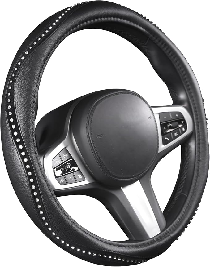 Bling Steering Wheel Cover - Crystal Studded Rhinestone Non-Slip Breathable Design for Women/Girls, Universal Fit 14.5-15 Inch Black
