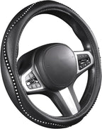 Bling Steering Wheel Cover - Crystal Studded Rhinestone Non-Slip Breathable Design for Women/Girls, Universal Fit 14.5-15 Inch Black