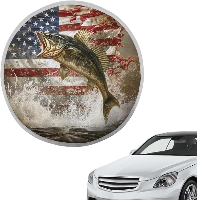American Flag Bass Fishing Steering Wheel Cover Sun Shade Auto Interior Protector Car Steering Wheel Cover,Heat Reflector Fit Most Jumbo Standard Car